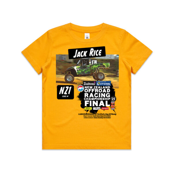 NZ1 Jack Rice ORANZ Finals 2025 Tee Shirt - Kids Sizes - A choice of Garment colours Thumbnail